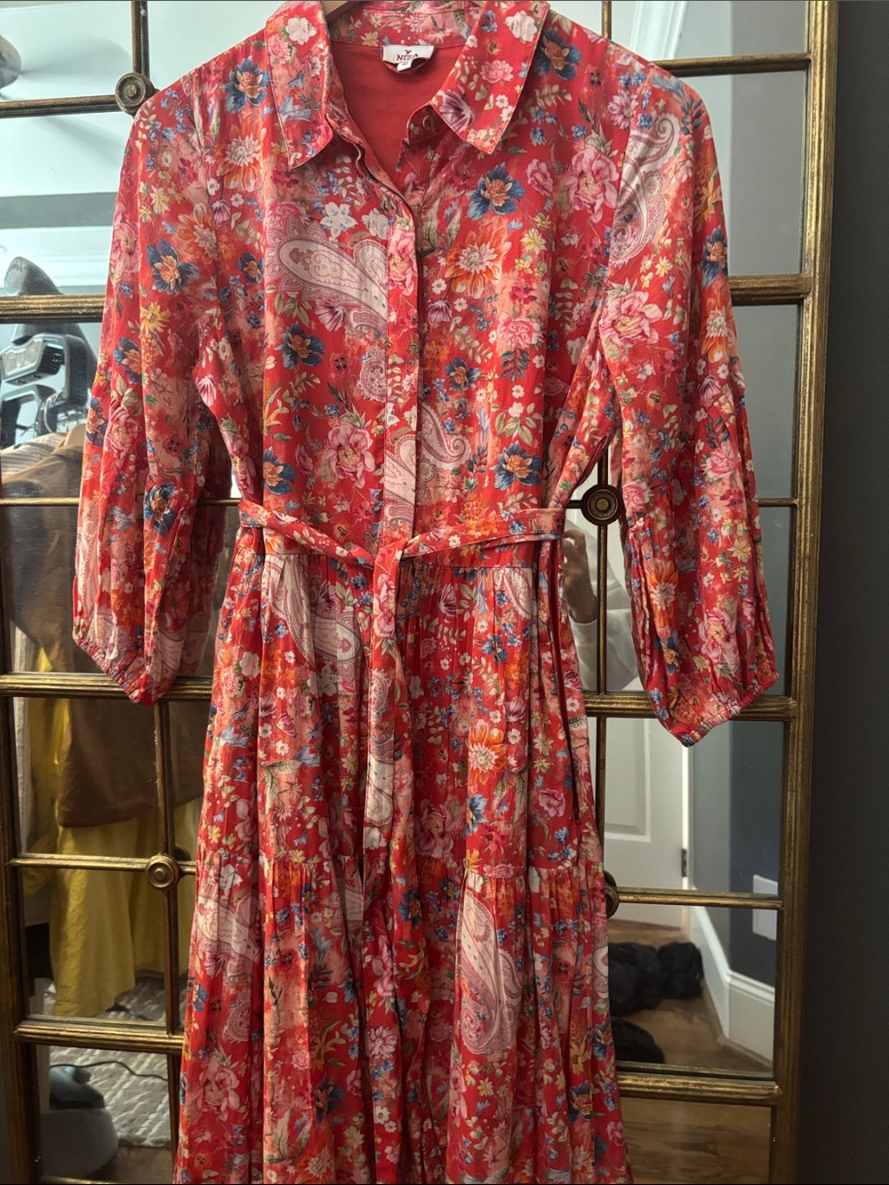 Red Floral Paisley Tie-Waist Maxi Dress
